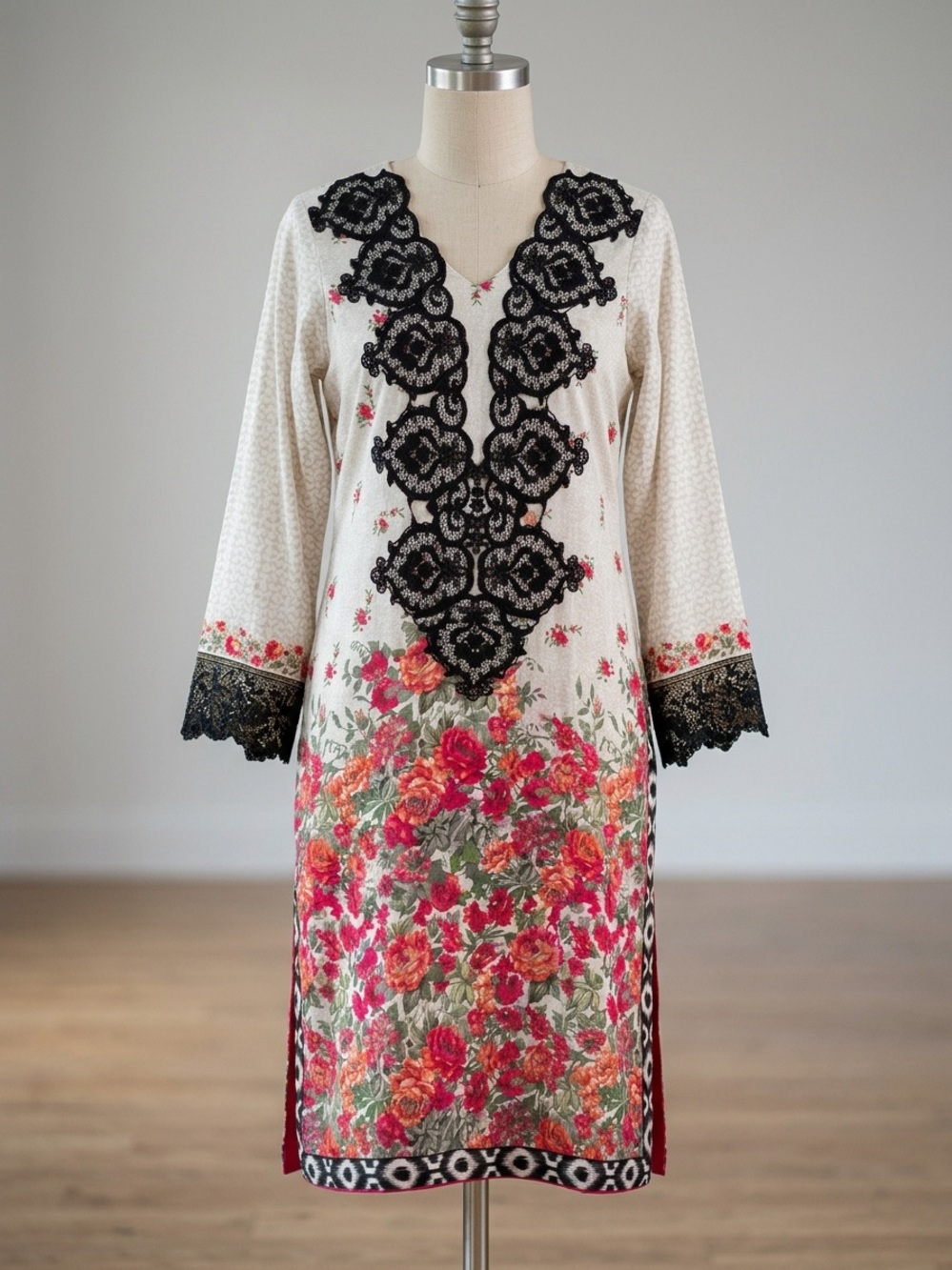 Indian cotton embroidered lace kurti kurta pullover dress M/L